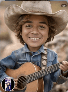a boy in a cowboy hat is holding a guitar and smiling
