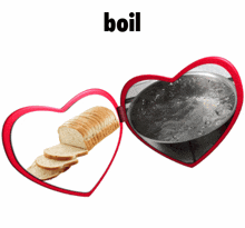 a heart shaped mirror shows a loaf of bread and a pot of water