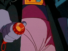 a cartoon character is holding a red and yellow object in his hand
