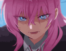 a girl with pink hair and blue eyes looks angry