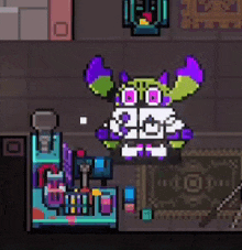 a pixel art monster is standing in a room next to a table with a key .
