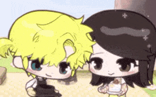 a boy and a girl are standing next to each other and talking . the girl is holding a cup of coffee .