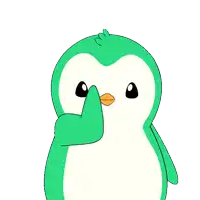 a green and white penguin with a yellow beak covering its face