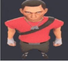 a man in a red shirt and brown shorts is standing in front of a dark background