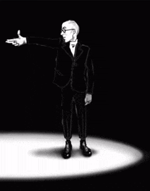 a black and white drawing of a man in a suit standing in a spotlight