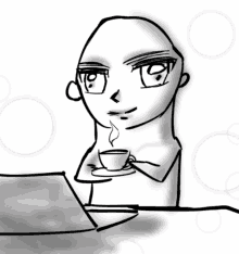 a drawing of a man holding a cup of coffee in front of a laptop