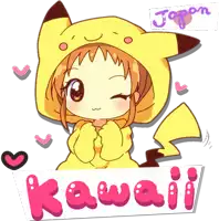 a drawing of a girl in a pikachu costume with the word kawaii written below her