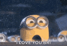 a minion wearing goggles and a helmet is saying i love you bri .