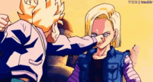 a cartoon of a man giving a fist bump to a woman in a blue jacket .