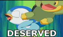 a cartoon of a penguin and a frog with the word deserved in the corner