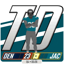 a football player named den 23 13 jac is standing with his arms crossed
