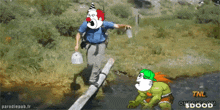 a clown is walking across a wooden bridge while a hulk looks on