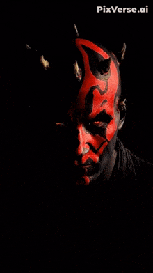 a man with red and black paint on his face has pixverse.ai written below him