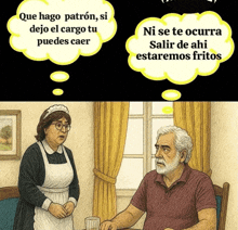 a drawing of a maid and a man with speech bubbles that say que hago patron