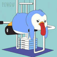 a penguin with its tongue hanging out is doing exercises