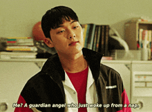 a man in a red shirt and a black jacket says me ? a guardian angel who just woke up from a nap