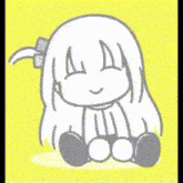 a black and white drawing of a girl with long hair sitting on a yellow background .