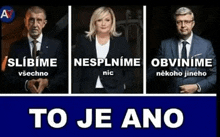 a man , a woman , and a man in a suit are standing next to each other on a blue sign .