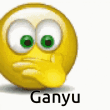 a yellow smiley face with green eyes and the word ganyu under it