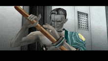 a man in a video game is holding a large stick