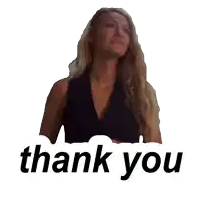 a woman in a black top is next to a thank you sticker