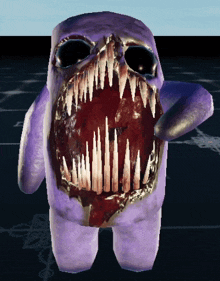 a purple among us character with a large mouth full of teeth