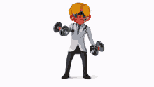 a cartoon doctor is holding dumbbells and wearing a mask