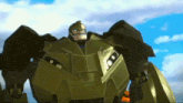 a green robot with a blue eye is standing in front of a cloudy blue sky