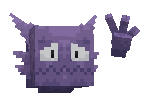 a pixel art drawing of a purple monster with white eyes and horns .