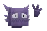 a pixel art drawing of a purple monster with white eyes and horns .