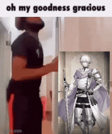 a man is standing next to a picture of a man in armor holding a sword
