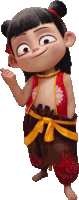 a cartoon character is wearing a red top and brown pants with a yellow sash around his waist