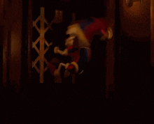 a cartoon character is flying through the air in a dark room .