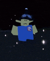 a roblox character wearing a witch hat and goggles with the letter r on his shirt