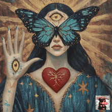a painting of a woman with a butterfly on her face and a heart on her chest