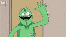 a green cartoon character says hello and waves