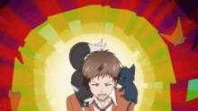 a boy with two cats on his shoulders looks angry