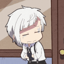 a cartoon character with white hair and suspenders is standing next to a door