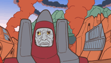 a cartoon drawing of a robot with a gray face and a red hood