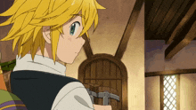 a boy with yellow hair is holding a wooden barrel in his hand