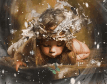 a little girl with a wreath on her head is looking at a butterfly