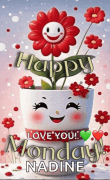 a happy monday greeting card with a flower in a pot