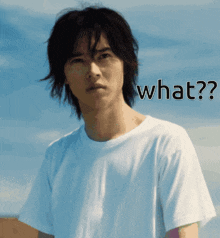 a man in a white t-shirt has the word what on his face