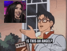 a cartoon of a man holding a book with the caption " is this an angel "