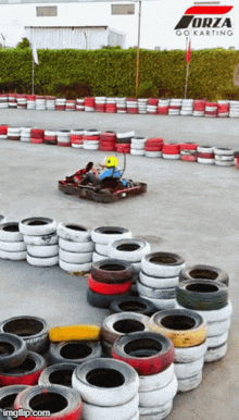 a person driving a go kart in front of a sign that says forza