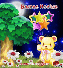 a teddy bear holding balloons with the words buenas noches written on it
