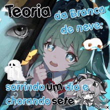 a picture of a girl with the words " teoria da bronca de neve sorrindo um dia e chorando sete " on it