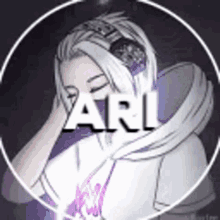 a girl with white hair and headphones is in a circle with the name ari written on it .
