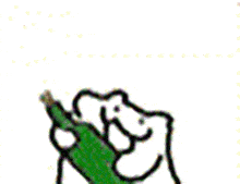 a cartoon of a dog holding a green bottle of beer .