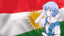 a girl with blue hair is standing in front of a flag